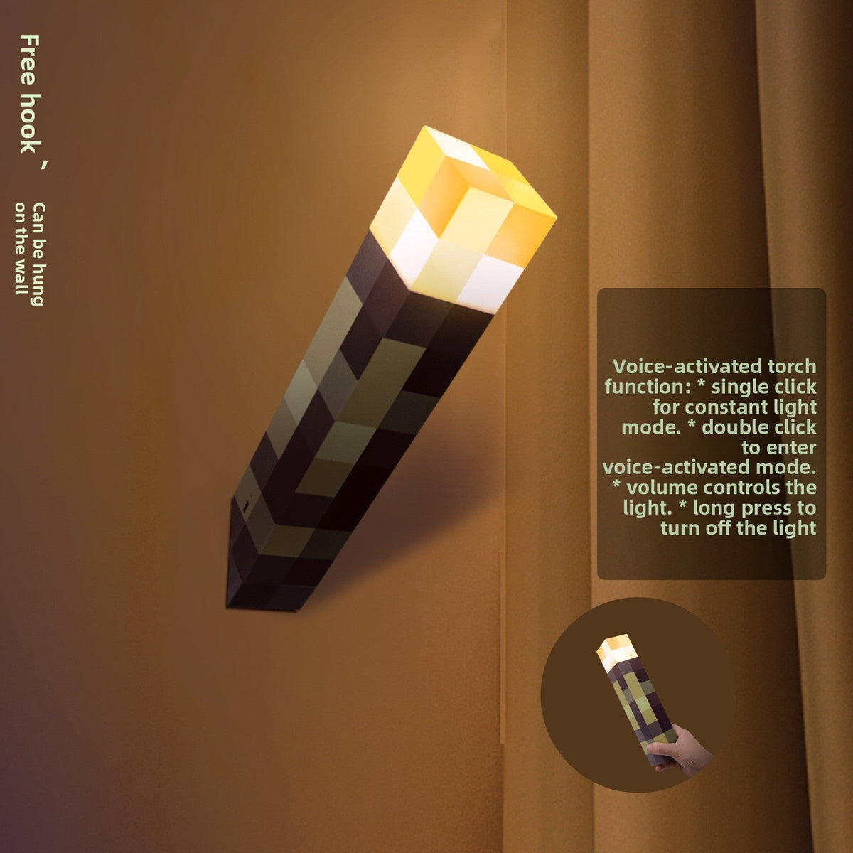 Minecraft Ore lamps torch with a glowing yellow-orange pixelated head and dark block-patterned handle, mounted on a wall