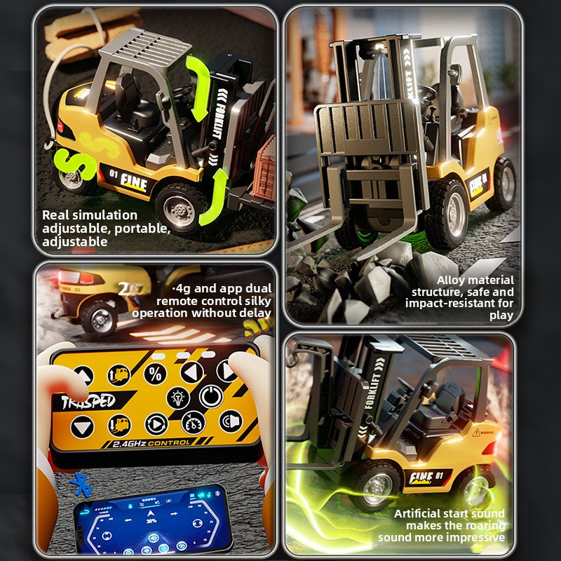 Mini Alloy Forklift toy with a yellow alloy body, black tires, raised forks and a blue cargo container.