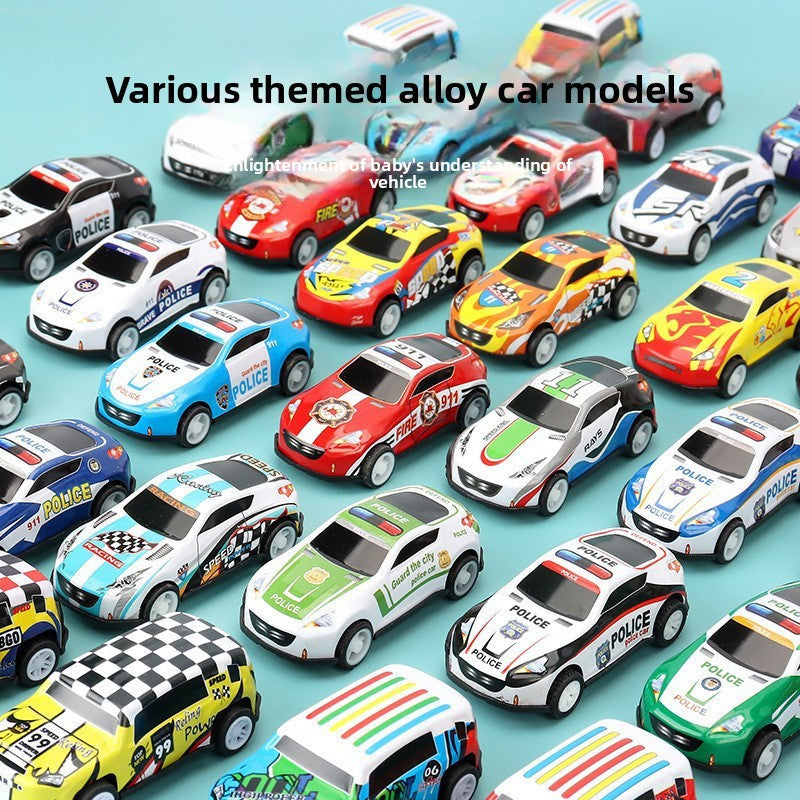 Mini Alloy Pull-Back Toy Cars in assorted bright colors, featuring compact race car, police car, and van designs
