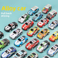 Mini Alloy Pull-Back Toy Cars in assorted bright colors, with racing stripes, numbers, and police designs