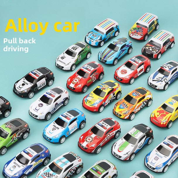Mini Alloy Pull-Back Toy Cars in assorted bright colors, with racing stripes, numbers, and police designs