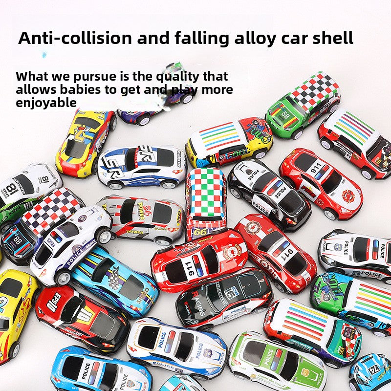 Mini Alloy Pull-Back Toy Cars in assorted bright colours, with compact alloy bodies and racing, police and emergency vehicle designs