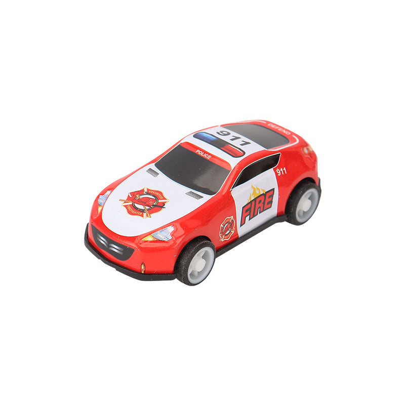 Mini Alloy Pull-Back Toy Cars featuring a red and white fire rescue car with printed emergency graphics and gray wheels