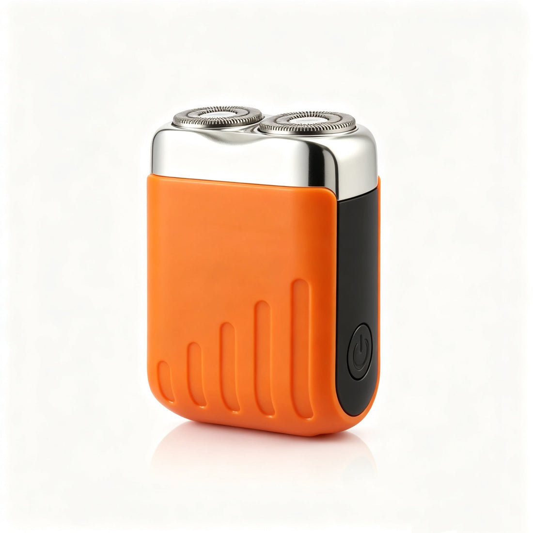 Mini Double Head Electric Shaver with an orange textured body, black side panel, and silver twin rotary heads.