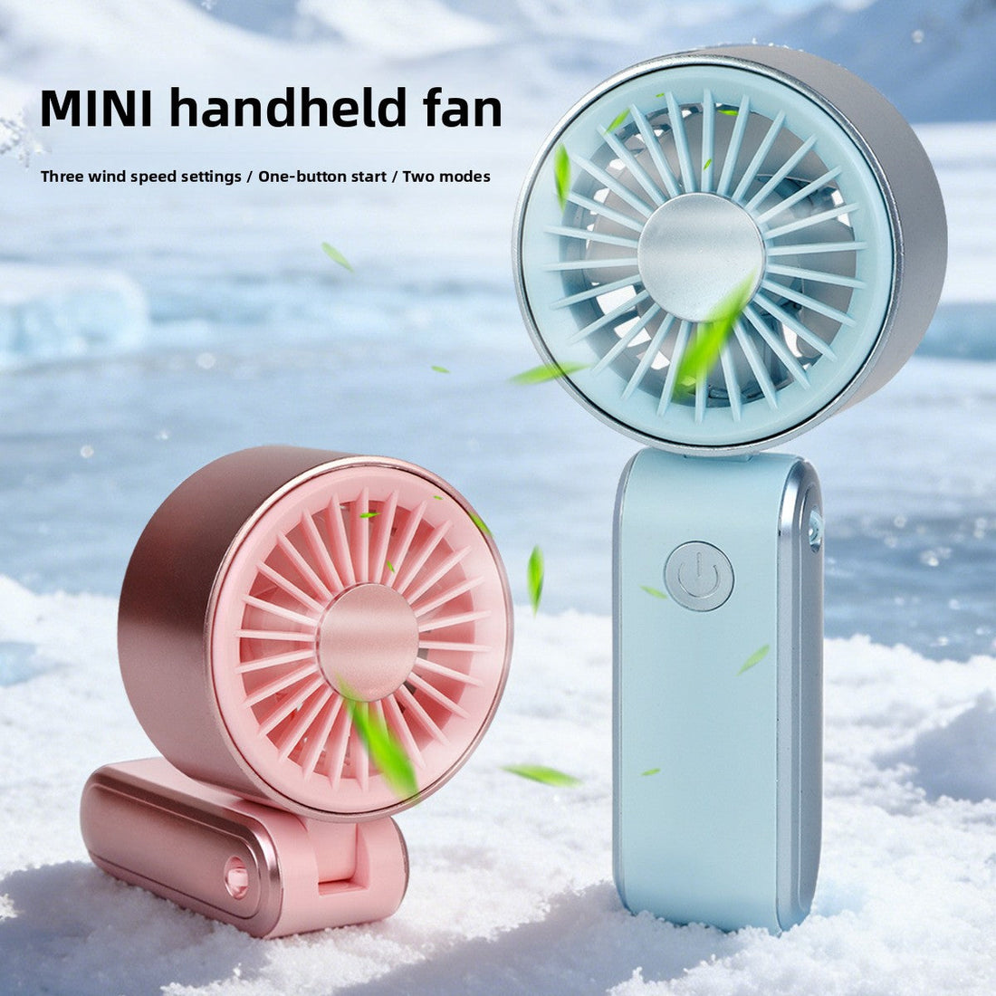 Mini Handheld Fan in pastel blue, sage green, white, and pink plastic, with round grilles and folding handles.
