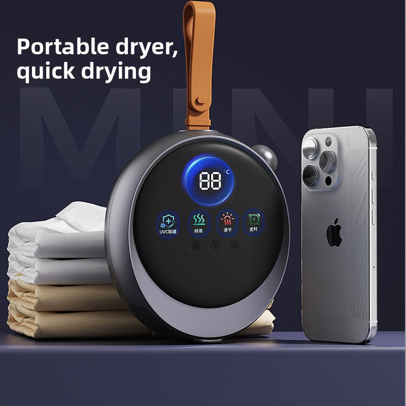 Mini Portable Clothes Dryer with a dark gray control unit, blue digital display, hanging strap and garment bag for quick drying