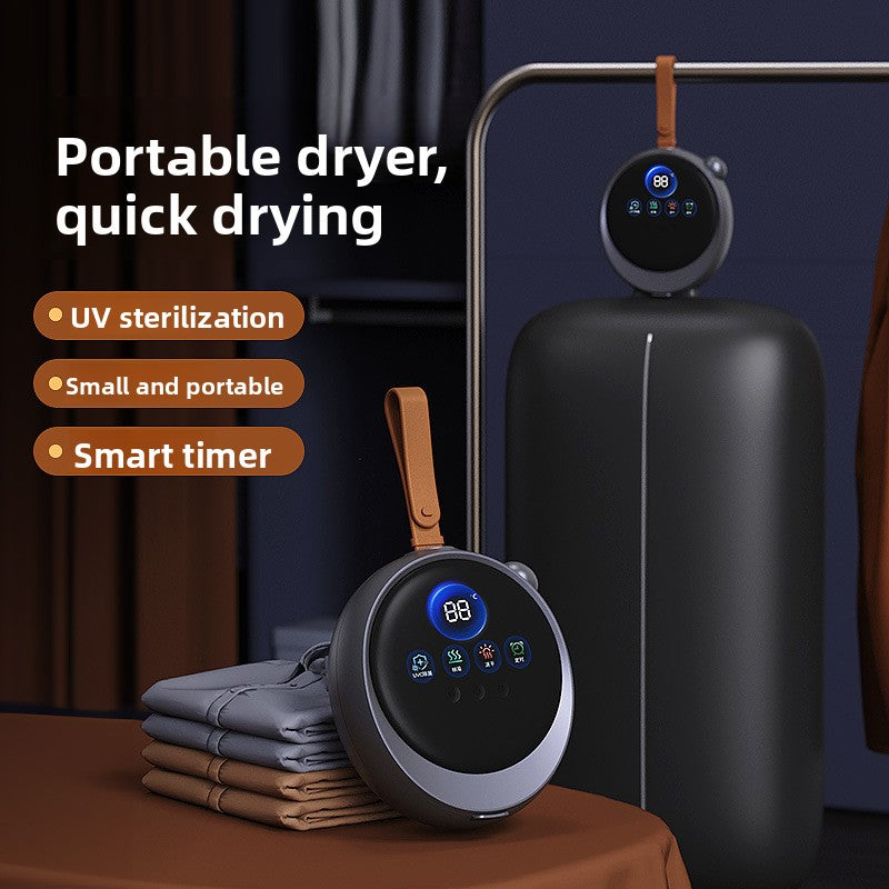 Mini Portable Clothes Dryer with a dark gray control unit, blue digital display, hanging strap and garment bag for quick drying