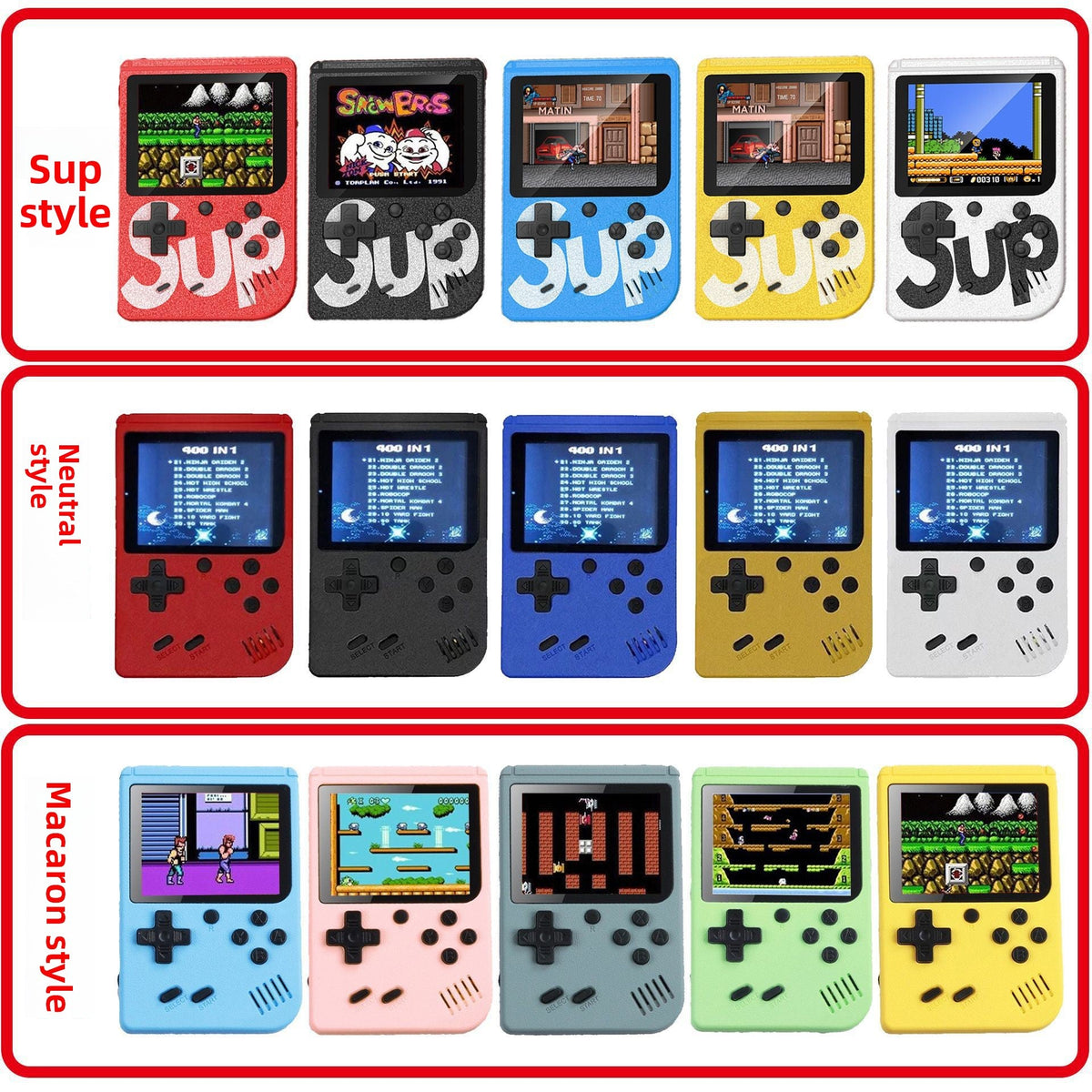 Mini Retro Handheld consoles in colourful plastic cases, with compact screens, directional pads, buttons and game artwork
