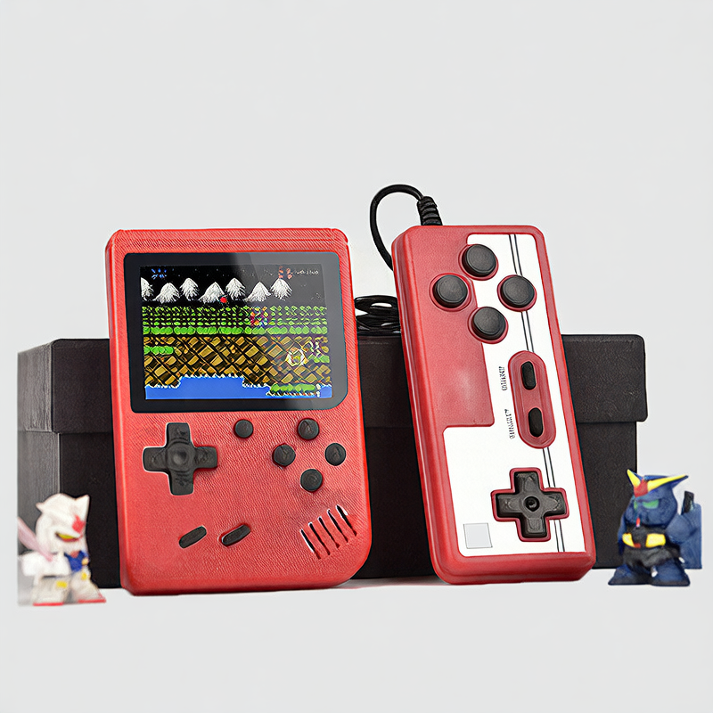 Mini Retro Handheld console in textured red plastic with screen, directional pad, buttons, and matching two-player controller
