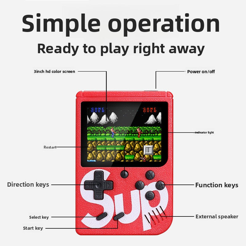 Mini Retro Handheld game console in red textured plastic, with a color screen, black controls, and bold white lettering.