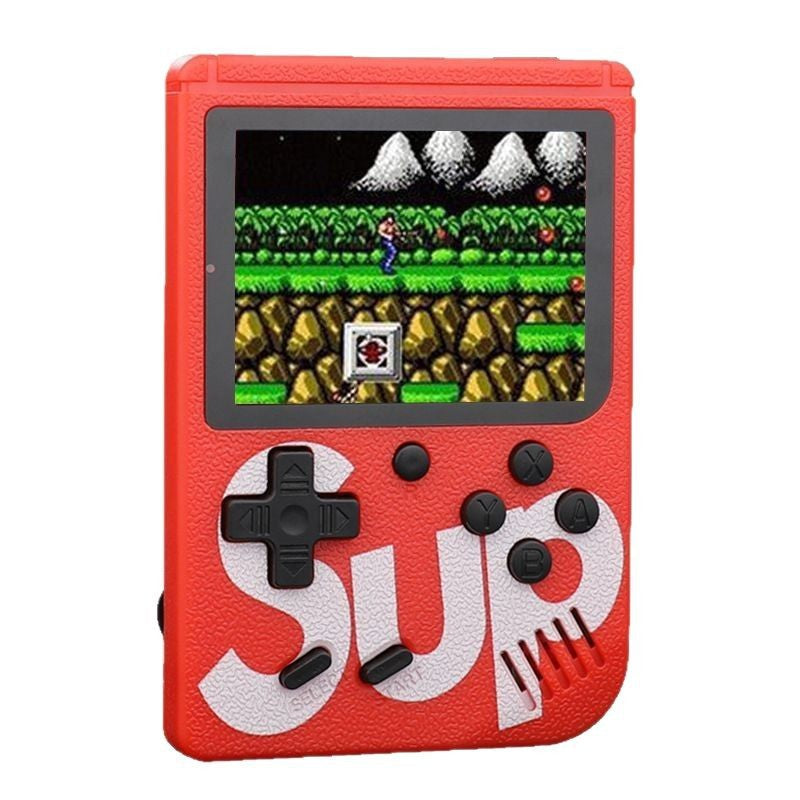 Mini Retro Handheld game console in textured red plastic with a pixelated game screen, black controls and large white SUP lettering