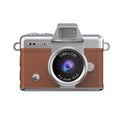 Miniature Digital Camera with a brown textured leather-look body, silver trim, central lens and retro styling