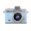 Miniature Digital Camera with a light blue textured body, silver trim and a prominent central lens in a retro design