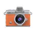 Miniature Digital Camera with an orange textured body, silver trim, black lens and silver lens ring, in retro styling