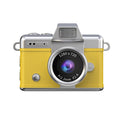 Miniature Digital Camera with a textured yellow body, silver trim and a prominent circular lens in a retro design