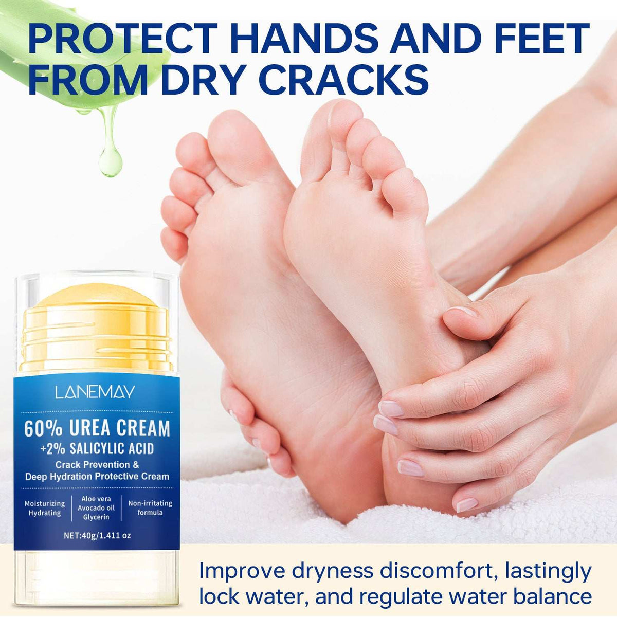 Hand and foot repair cream in a clear jar with blue label, 60% urea and 2% salicylic acid; Moisturizes Dry and Cracked Hands and Feet