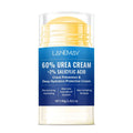 Urea cream in a clear container with a yellow pump and blue label, Moisturizes Dry and Cracked Hands and Feet.
