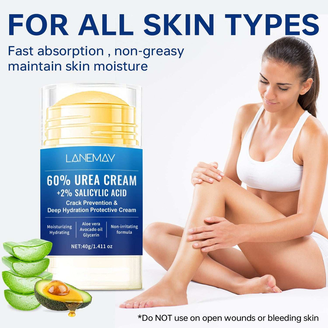 Urea cream in a clear jar with a blue label and yellow cap, Moisturizes Dry and Cracked Hands and Feet with 60% urea