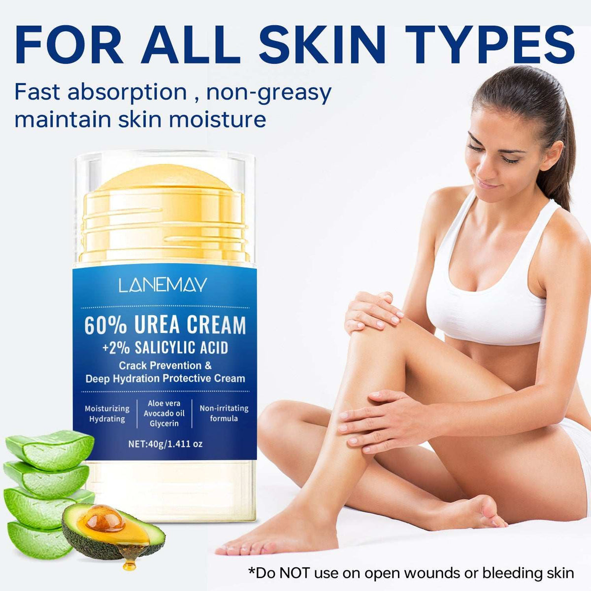 Urea cream in a clear jar with a blue label and yellow cap, Moisturizes Dry and Cracked Hands and Feet with 60% urea