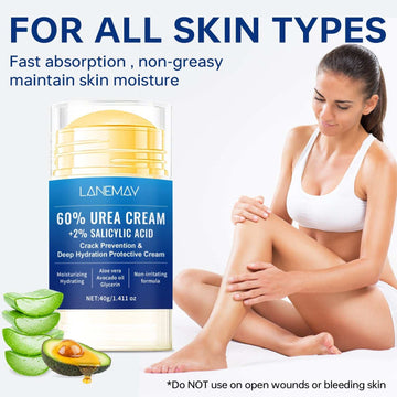 Urea cream in a clear jar with a blue label and yellow cap, Moisturizes Dry and Cracked Hands and Feet with 60% urea