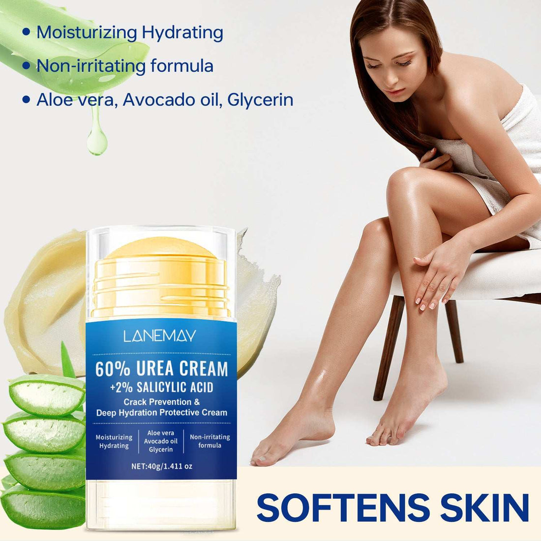 Urea cream in a clear jar with a blue label and yellow cap, Moisturizes Dry and Cracked Hands and Feet with 60% urea