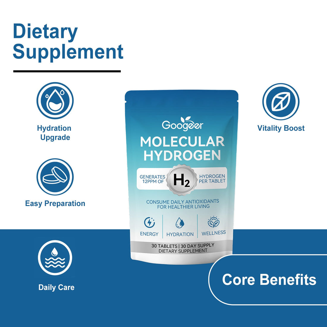Molecular Hydrogen Health Supplement Tablets in a blue-to-white resealable pouch, featuring bold lettering and an H₂ emblem.