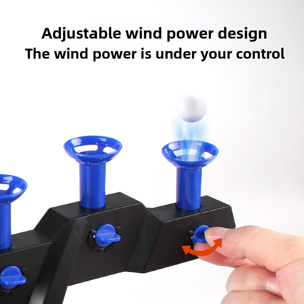 Moving Target Tabletop Game with black plastic base, blue adjustable air funnels and a white floating ball target