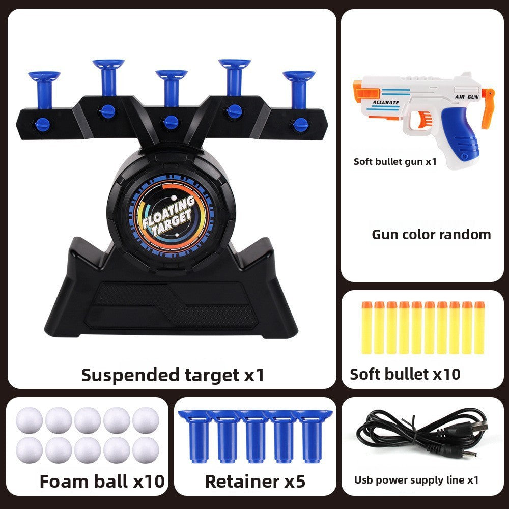 Moving Target Tabletop Game in black plastic with blue target holders, plus a toy gun, foam balls and USB cable