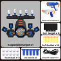 Moving Target Tabletop Game in black plastic with five levitating ball targets, blue accents, toy guns and foam bullets