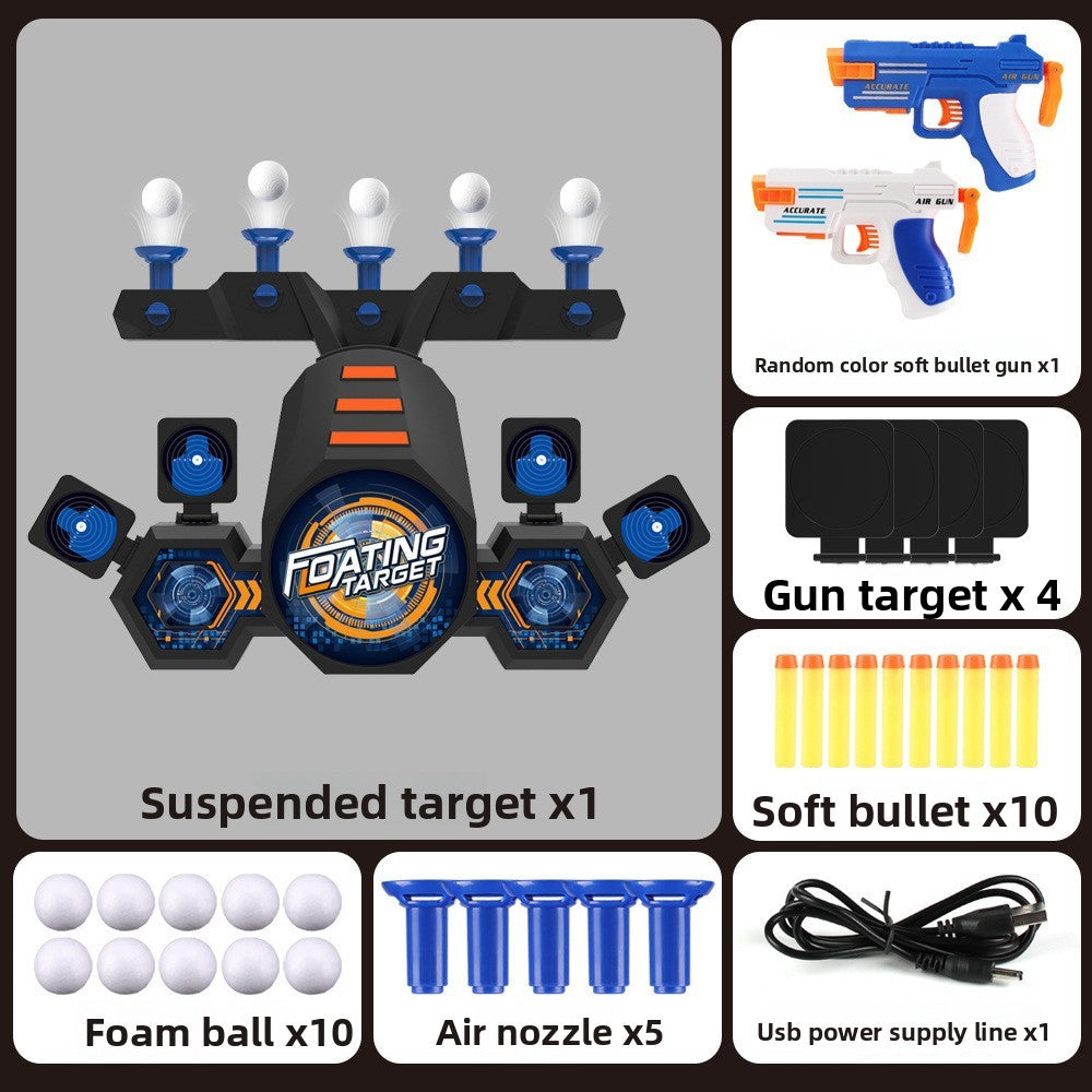 Moving Target Tabletop Game in black plastic with five levitating ball targets, blue accents, toy guns and foam bullets