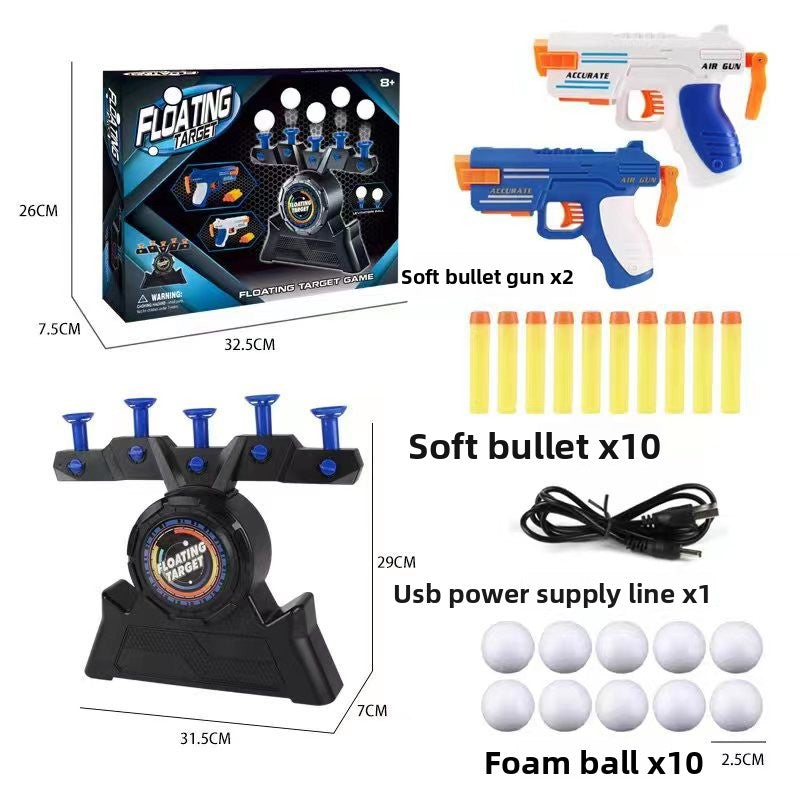 Moving Target Tabletop Game with a black plastic levitating target, two colorful foam dart guns, soft bullets and foam balls