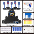 Moving Target Tabletop Game with black levitating target, blue scoring targets, foam balls, orange-and-white toy gun and soft bullets