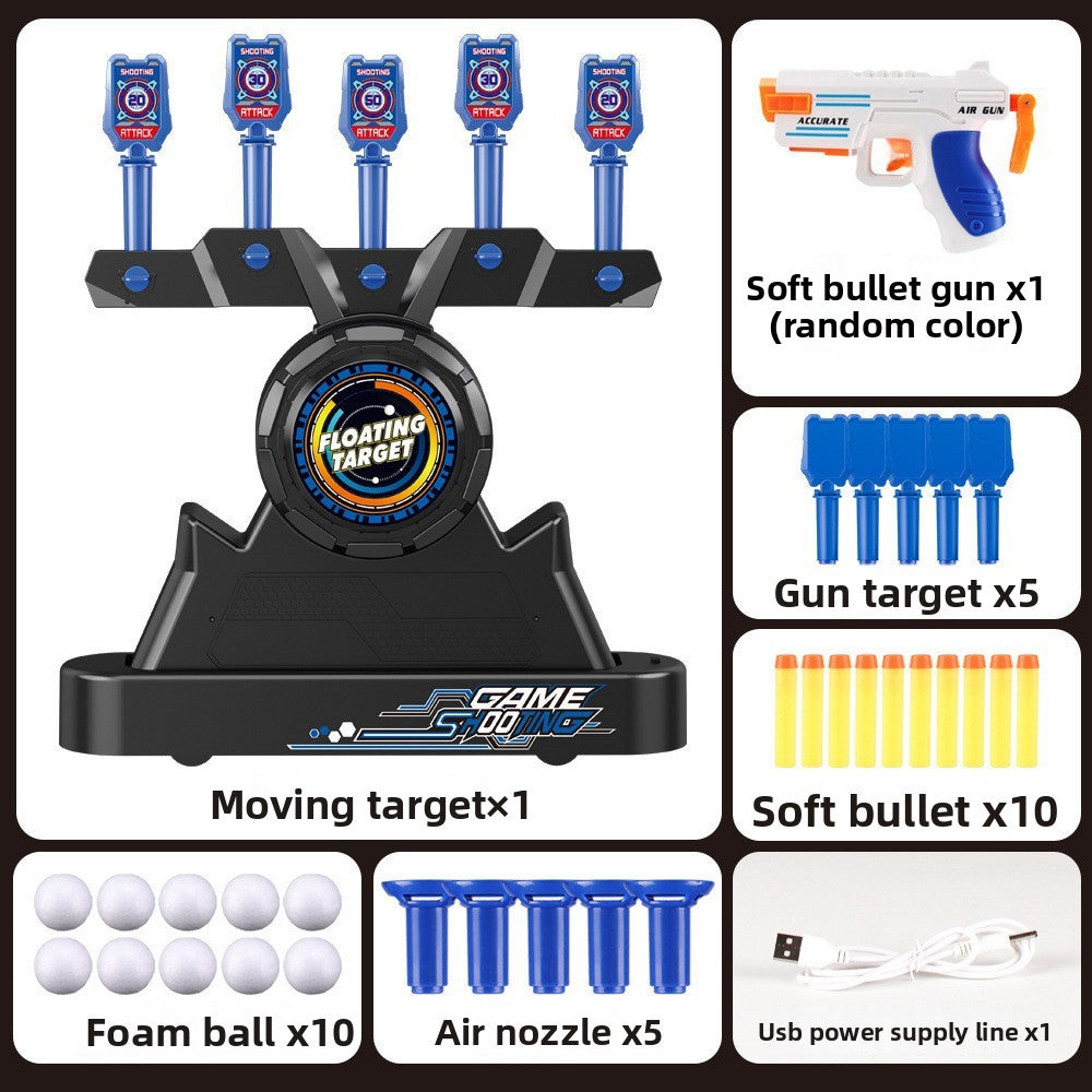 Moving Target Tabletop Game with black levitating target, blue scoring targets, foam balls, orange-and-white toy gun and soft bullets