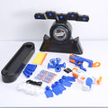 Moving Target Tabletop Game with a black plastic target unit, blue accents, two toy blasters, foam darts and accessories