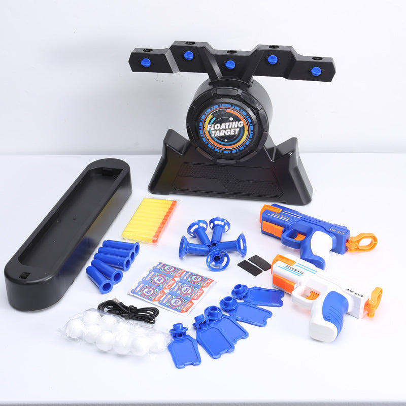 Moving Target Tabletop Game with a black plastic target unit, blue accents, two toy blasters, foam darts and accessories