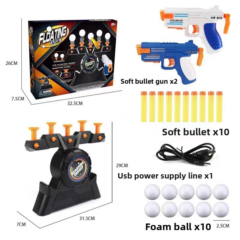 Moving Target Tabletop Game with black electric levitating target, two blue and white foam dart guns, soft bullets and foam balls