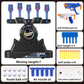Moving Target Tabletop Game with a black floating-target base, five blue target posts, two toy guns and foam balls