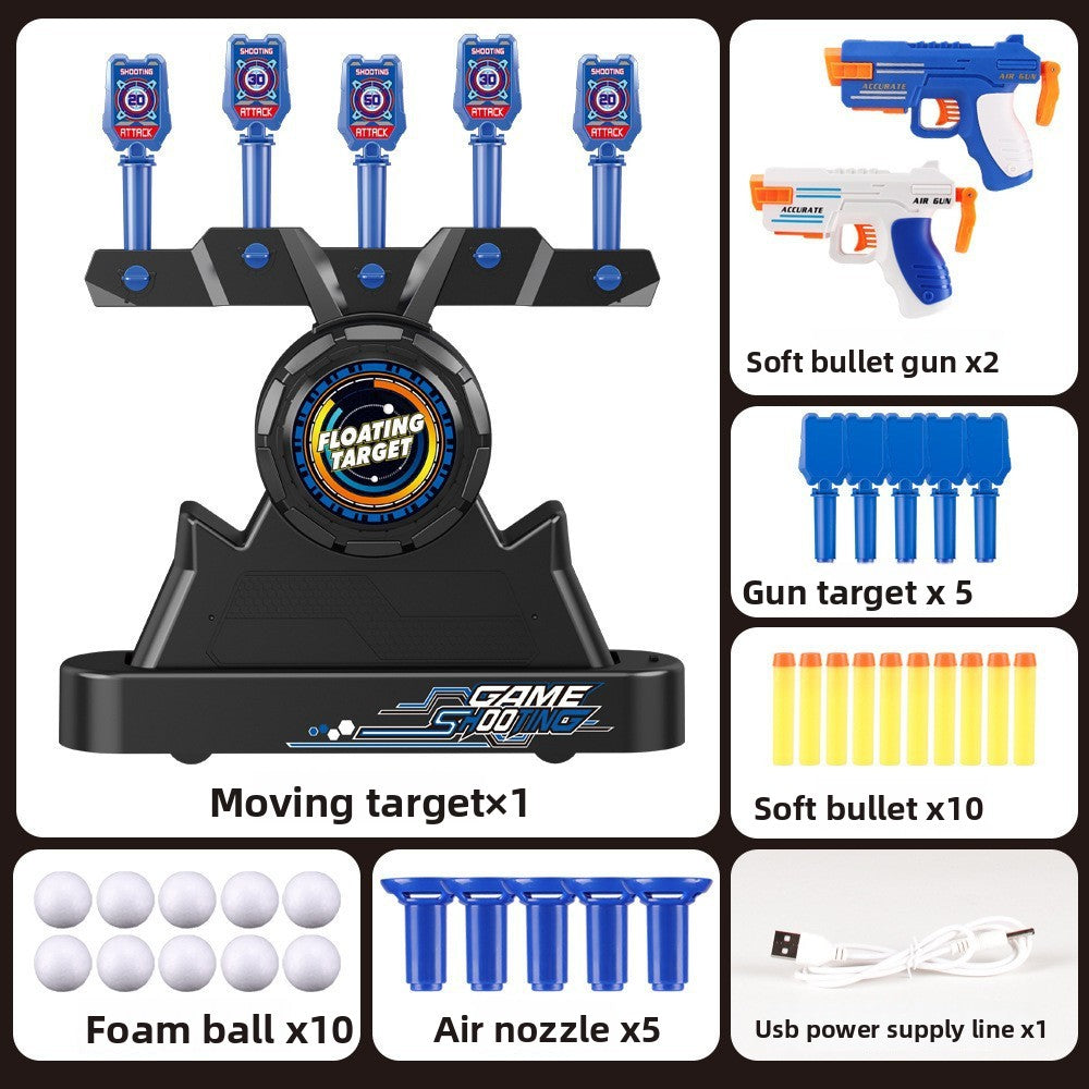 Moving Target Tabletop Game with a black floating-target base, five blue target posts, two toy guns and foam balls