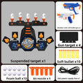 Moving Target Tabletop Game with black plastic floating target, orange accents, foam balls, soft bullets and toy gun accessories