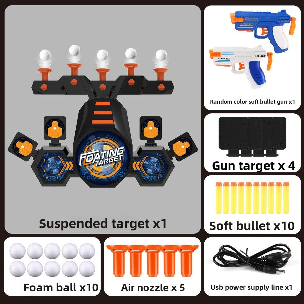 Moving Target Tabletop Game with black plastic floating target, orange accents, foam balls, soft bullets and toy gun accessories