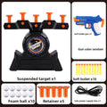 Moving Target Tabletop Game with black floating-target stand, orange retainers, blue toy gun, foam balls and USB cable