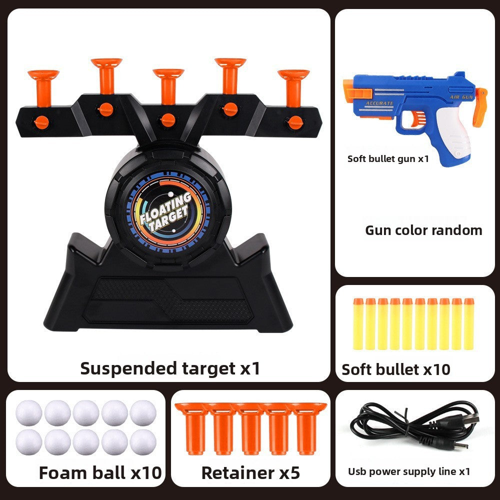 Moving Target Tabletop Game with black floating-target stand, orange retainers, blue toy gun, foam balls and USB cable
