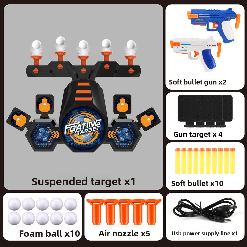Moving Target Tabletop Game with a black and orange floating target, two toy guns, foam balls, and soft bullets