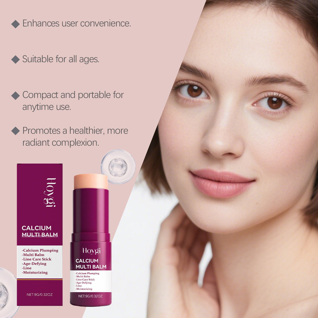 Multi-effect moisturizing cream stick with a deep magenta tube and matching box, featuring a pale balm tip and white labels.