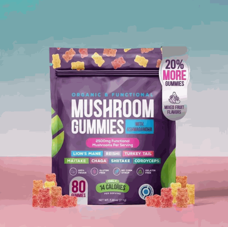 Mushroom Gummies in a purple stand-up pouch, labeled organic and functional, with colorful fruit-flavored gummies and 20% more.