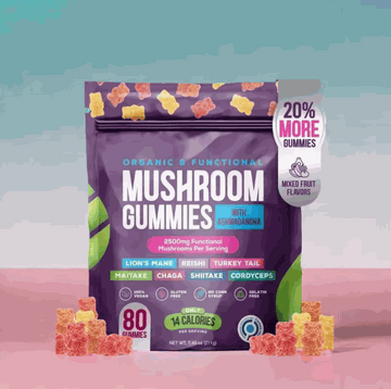 Mushroom Gummies in a purple stand-up pouch, labeled organic and functional, with colorful fruit-flavored gummies and 20% more.