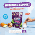Mushroom Gummies in a purple resealable pouch, with colorful gummy pieces and an Ashwagandha label