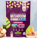 Mushroom Gummies in a purple pouch with colorful gummies, organic functional blend labels, and mixed fruit flavors