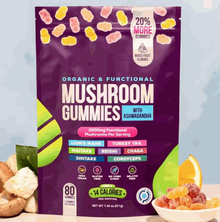 Mushroom Gummies in a purple pouch with colorful gummies, organic functional blend labels, and mixed fruit flavors
