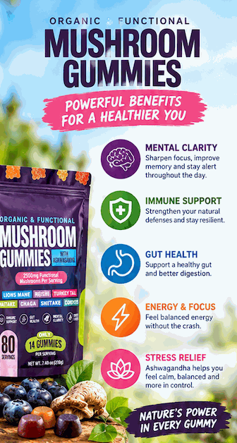 Mushroom Gummies in a purple pouch with colorful gummy pieces and illustrated mushroom, featuring organic functional wellness benefits